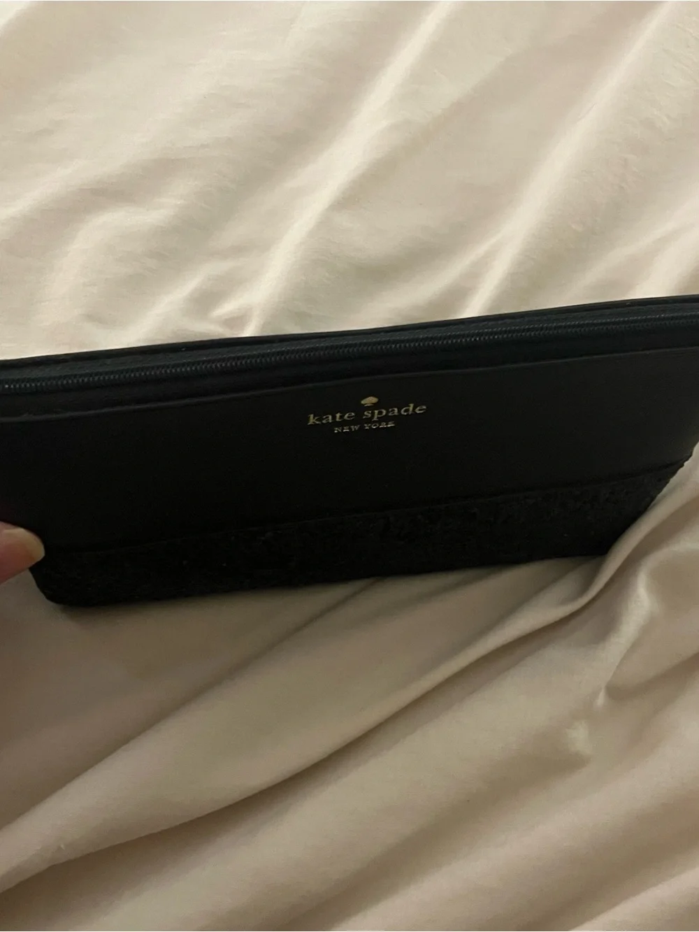 Kate Spade New York Black Saffiano Leather Glitter Makeup Bag Cosmetic Pouch Zip